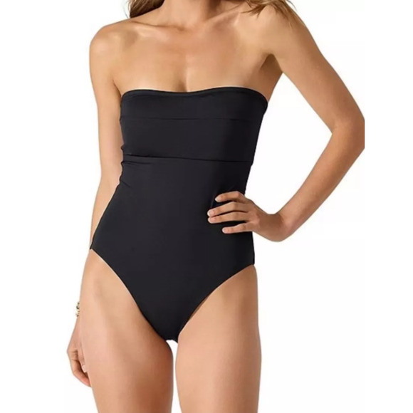 TOMMY BAHAMA Palm Modern Bandeau One Piece Swimsuit Size 12 Black Cut Out NWT - Picture 1 of 11